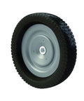 Heavy Hitter 42 Inch Ground Sweeper Featuring 22 Cubic Foot Hopper And Patented Spiral Polypropylene Brushes tire showing rubber tread and metal rim.