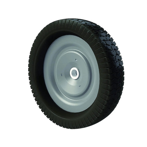 Heavy Hitter 42 Inch Ground Sweeper Featuring 22 Cubic Foot Hopper And Patented Spiral Polypropylene Brushes tire showing rubber tread and metal rim.