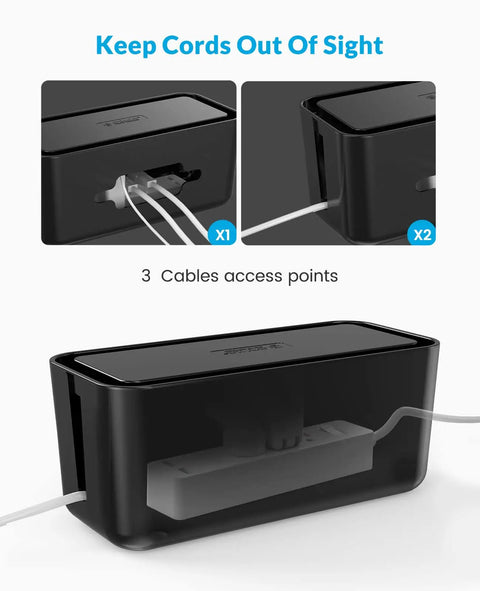 Black Extra Large Cable Management Box With Phone Stand For Power Strips And Chargers, 16.9 x 7.1 x 6.3 Inches, with cables inserted.
