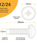 Technical diagram of 12-24 rack screw with dimensions, highlighting the truss head design and pre-installed nylon washer.
