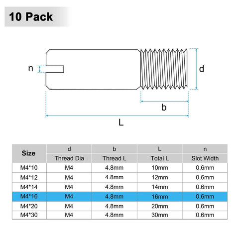 Diagram of 10 Pack M4 16mm Slotted Cylindrical Pin Dowel Set in 304 Stainless Steel External Thread Locating Pins for Metalworking