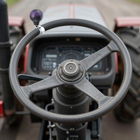Ball Shape Steering Wheel Spinner Knob for Tractors Forklifts and Lawn Mowers One Hand Turn Aid Grip Suicide Style Power Handle Dark Purple Durable Resin and Metal Construction installed on a tractor steering wheel.