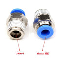 Two Pro Grade One Quarter Inch NPT Push To Connect Air Fittings for Six Millimeter Tube Outer Diameter showing 1/4NPT and 6mm OD.