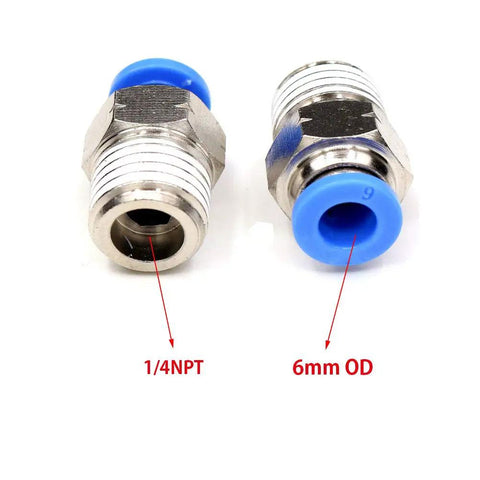 Two Pro Grade One Quarter Inch NPT Push To Connect Air Fittings for Six Millimeter Tube Outer Diameter showing 1/4NPT and 6mm OD.