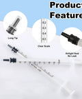 Close-up of 30 Pack 1ml Needleless Syringes With Cap For Liquids Pet Feeding Oil Glue DIY Projects Non Sterile Easy Push Plunger