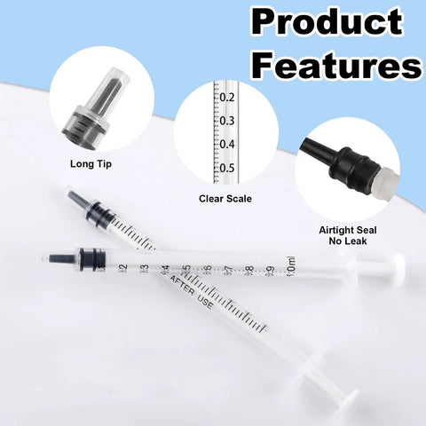 Close-up of 30 Pack 1ml Needleless Syringes With Cap For Liquids Pet Feeding Oil Glue DIY Projects Non Sterile Easy Push Plunger