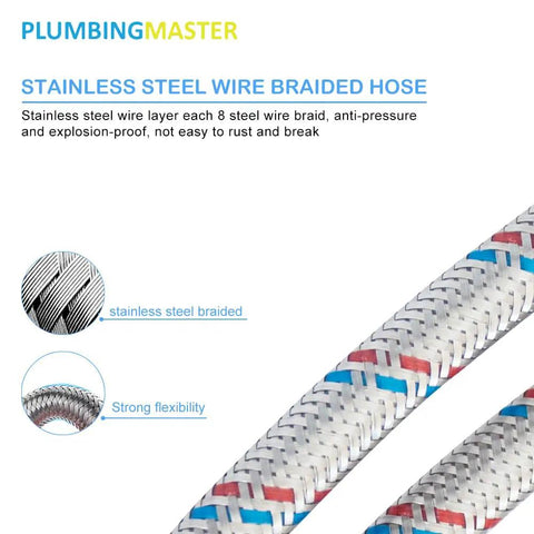 Rock Solid Build 24 Inch Braided Stainless Steel Faucet Hose Connector, 3/8 Compression To 1/2 Fip with stainless steel braid.