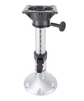 Boat seat pedestal front view with adjustable height 13–18 in and 360° swivel; silver aluminum column, black base plate