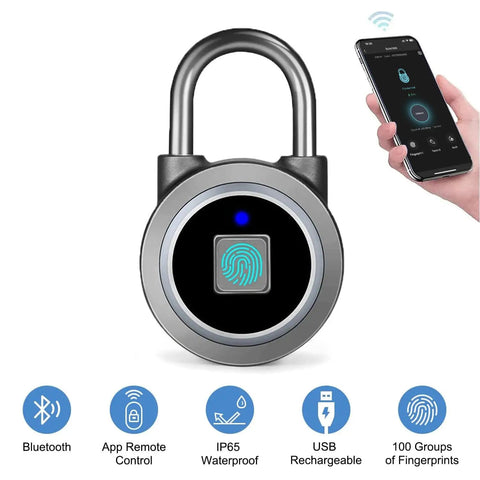 Fingerprint Bluetooth Padlock With Keyless Biometric Access, App Controlled, Water Resistant Lock No Key Needed For Gym, Bike