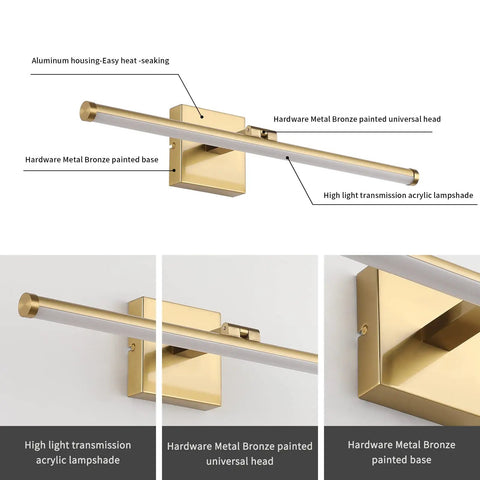 Modern LED Vanity Light Fixture For Bathroom With Rotatable 270 Degree Brass Aluminum Wall Mount Sconce, 3000K glow