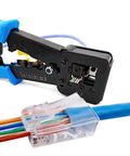 Pro Grade RJ45 Crimp Tool Pass Through Kit with connector and wires, includes 1 tool and 5 replacement 8 pin blades for Cat5 Cat5e Cat6 cables.