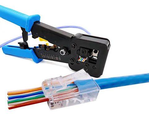Pro Grade RJ45 Crimp Tool Pass Through Kit with connector and wires, includes 1 tool and 5 replacement 8 pin blades for Cat5 Cat5e Cat6 cables.