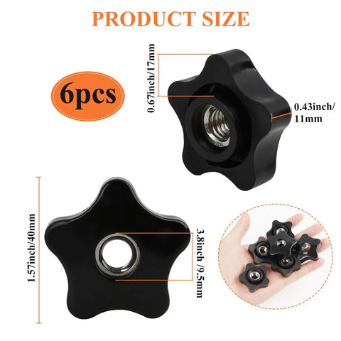 Six Piece Three Eighths Sixteen Thread Five Point Star Thumb Knobs With Ergonomic Non Slip Grip For No Sweat Tightening and stability.