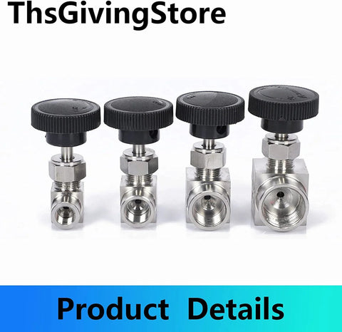 Front view of four 304 stainless steel NPT needle valves with black knurled knobs.