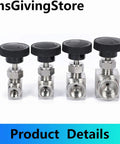 Four 304 stainless steel NPT female needle valves with black knurled tops for flow control (1/8–1/2 in).