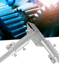 Gear Tooth Vernier Caliper with stainless steel build, dual perpendicular vernier scales, used with gears in background