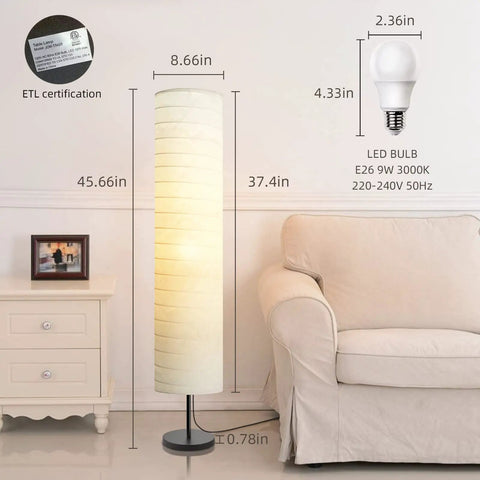 Modern Tall Floor Lamp With Dimmable Three-Level Brightness, Paper Lampshade beside a beige sofa in a living room.