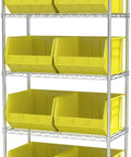 Stackable Plastic Storage Bins Three Pack For Garage Pantry And Craft Room Organization Built To Take A Beating Holds Up To 75 Pounds Each Space Saving Yellow Bins Measuring 18 By 16 By 11 Inches on shelf