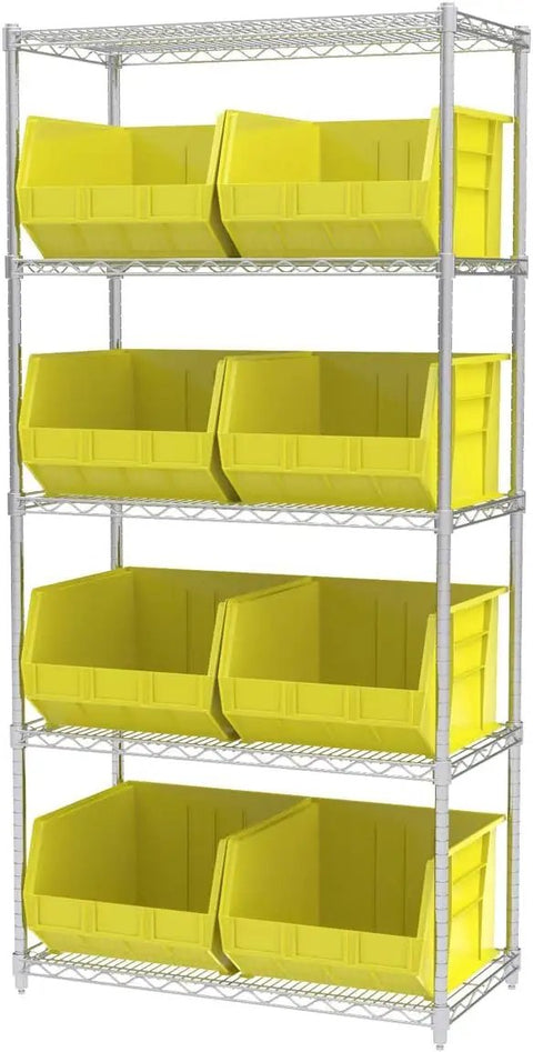 Stackable Plastic Storage Bins Three Pack For Garage Pantry And Craft Room Organization Built To Take A Beating Holds Up To 75 Pounds Each Space Saving Yellow Bins Measuring 18 By 16 By 11 Inches on shelf