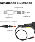 Installation illustration of hydraulic disc brake set for E-bike showing hose, compression screw, and levers.