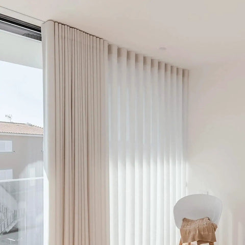 Ultra Thin Aluminum Curtain Track System With Ceiling Mount Seamless Sliding Rod For Heavy Curtains Room Divider Champagne Finish 13 Feet Long 4 Meters installed with white curtains