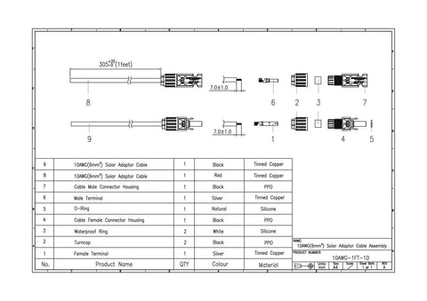 Diagram of Beefy 10AWG Solar Extension Cable 1 Ft With IP67 PV Connector One End And Bare Wire Other, tinned copper, parts list