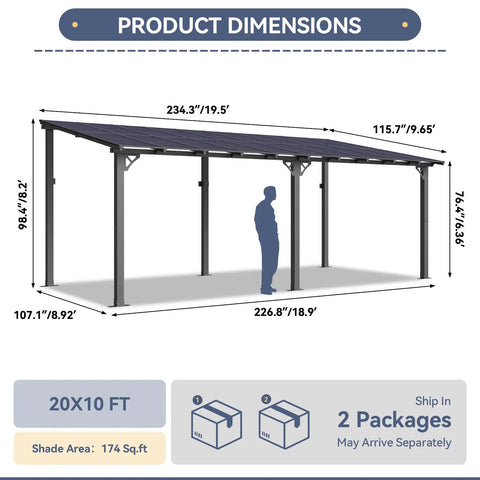 Diagram of 10 Ft By 20 Ft Lean To Gazebo With Hardtop Metal Pergola And Polycarbonate Roof showing dimensions and structure.