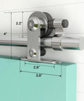 Close-up of 5.5 Foot Stainless Steel Sliding Barn Door Hardware Kit With Top Mount Heavy Duty Track System for wood door.
