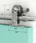 Close-up of Six Foot Sliding Barn Door Hardware Kit With Top Mount Stainless Steel Heavy Duty Track for Single Wood Door