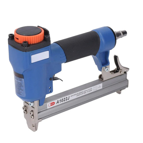 Top Notch Pneumatic Brad Nailer 20 Gauge Air Nail Gun with jam resistant construction and quick connect fitting, lightweight blue design.