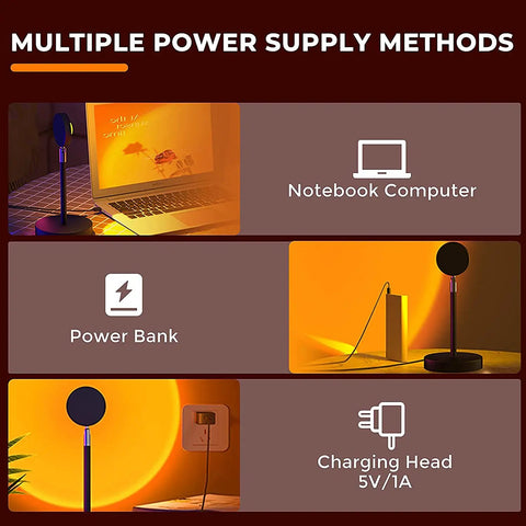 Sunset Lamp Projector LED Night Light With 180 Degree Rotation Rainbow Projection USB Powered shown with power options