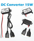 Two Pack 12V To 5V USB Buck Converter Module with dual USB ports and wires visible, shown in multiple angles.