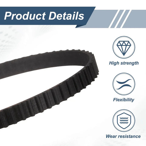 80XL Timing Belts Set Of 4, 0.37 Inch Wide 0.20 Inch Pitch, 40-Tooth Cogged Rubber Belt showing high strength and flexibility icons