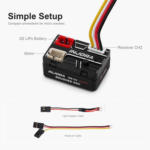 MB100 Nano Brushed ESC 15A For SCX24 SCX30 RC Crawlers, 1/24 1/30 1/32 Scale, IP67 Waterproof, Linear Throttle With Drag Brake Adjustable Via AUX, No App Support, Not For 370 Motors, compact brushed ESC with battery and receiver cables