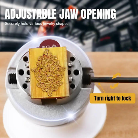 Heavy Duty 3 Inch Engravers Ball Vise With Full Set Attachments showing adjustable jaw holding detailed wood piece.