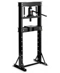 Shop Ready Badass 12 Ton Hydraulic Shop Press With Adjustable H Frame Safety Valve and Stamping Plates side view showing sturdy carbon steel construction.