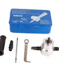Double Headed Sheet Metal Nibbler With Drill Attachment For Precise Metal Cutting Including 360 Degree Rotatable Cutter Heads shown with accessories