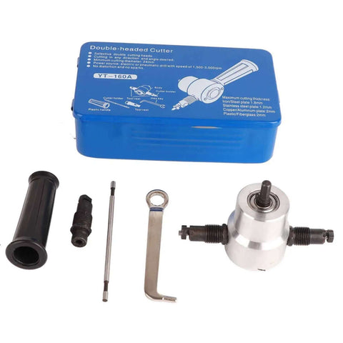 Double Headed Sheet Metal Nibbler With Drill Attachment For Precise Metal Cutting Including 360 Degree Rotatable Cutter Heads shown with accessories