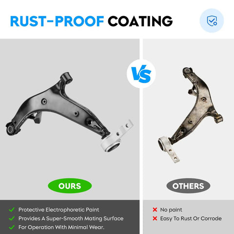 Beefed-Up Quest Front Lower Control Arms With Ball Joint Kit For Nissan Quest 2004-2009 Left And Right 2-Piece Suspension Replacement Rebuild Set K620560 K620561 rust-proof coating comparison