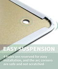 Corner and hanging hole of Photography Cheat Sheet Metal Sign 8 By 12 Inch Vintage Tin Plaque Wall Art For Studios Classrooms And Your Home Setup For Photo Nerds And Creators Exposure Aperture Shutter Speed ISO Reference Study Guide Poster showing easy suspension design.