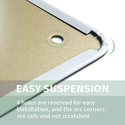 Corner and hanging hole of Photography Cheat Sheet Metal Sign 8 By 12 Inch Vintage Tin Plaque Wall Art For Studios Classrooms And Your Home Setup For Photo Nerds And Creators Exposure Aperture Shutter Speed ISO Reference Study Guide Poster showing easy suspension design.