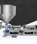 Slick Horizontal Pneumatic Bottle Filler And Liquid Paste Filling Machine With Straight Up Reliable Operation, 40L Hopper Size, Stainless Steel Frame, And Hella Accurate Dosing For Lotions Shampoos Honey And Massage Oils, side view with steel hopper.