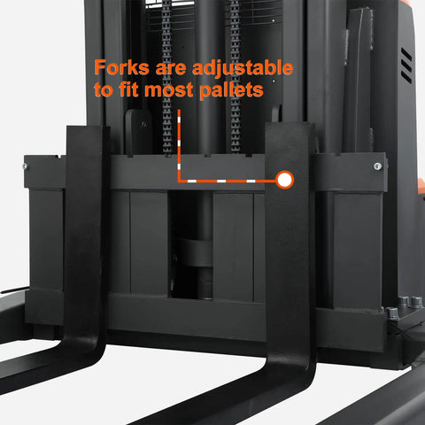Heavy Duty Full Electric Walkie Pallet Stacker With Straddle Legs showing adjustable forks for fitting various pallets.