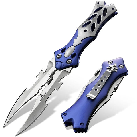 Dual Blade Pocket Knife For Everyday Carry And Camping, 8.5 Inch Folding Knife With Dual Side Open Blades, Clip And Aluminum Handle