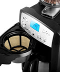 Bean To Cup Automatic Drip Coffee Machine For Home Office And Small Business Use With Stainless Steel Build 1.5L Capacity And 1000W Power Delivers Dope Smooth Brew For 5 To 10 Cups showing open filter compartment and control panel close-up.