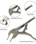 Boss Level 8 Inch Adjustable Locking Pliers With Slick Carbon Steel Flat Head Duckbill Jaw Quick Release Ergonomic Handle showing adjustable pressure and guard trigger release.