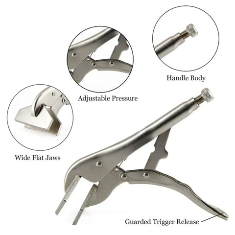 Boss Level 8 Inch Adjustable Locking Pliers With Slick Carbon Steel Flat Head Duckbill Jaw Quick Release Ergonomic Handle showing adjustable pressure and guard trigger release.