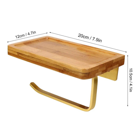 Straight Up Solid Wooden Bathroom Cell Phone Holder With Wall Mount Toilet Paper Stand And Premium Tissue Roll Dispenser side view dimensions
