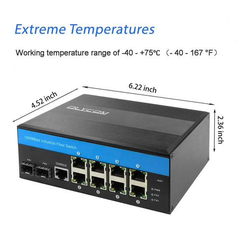 Industrial Grade Gigabit Ethernet L2 Managed Switch With 8 Gigabit RJ45 Ports And 2 Gigabit SFP Slots, side view