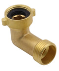 Close-up of a Garden Hose Elbow 90 Degree Solid Brass Quick Adapter For Irrigation And Watering Heavy Duty Connector.
